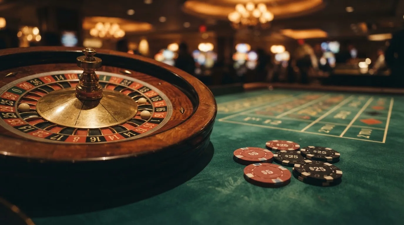 Kotač ruleta i žetoni na zelenom suknu pod toplim večernjim svjetlom — kombinacije za rulet