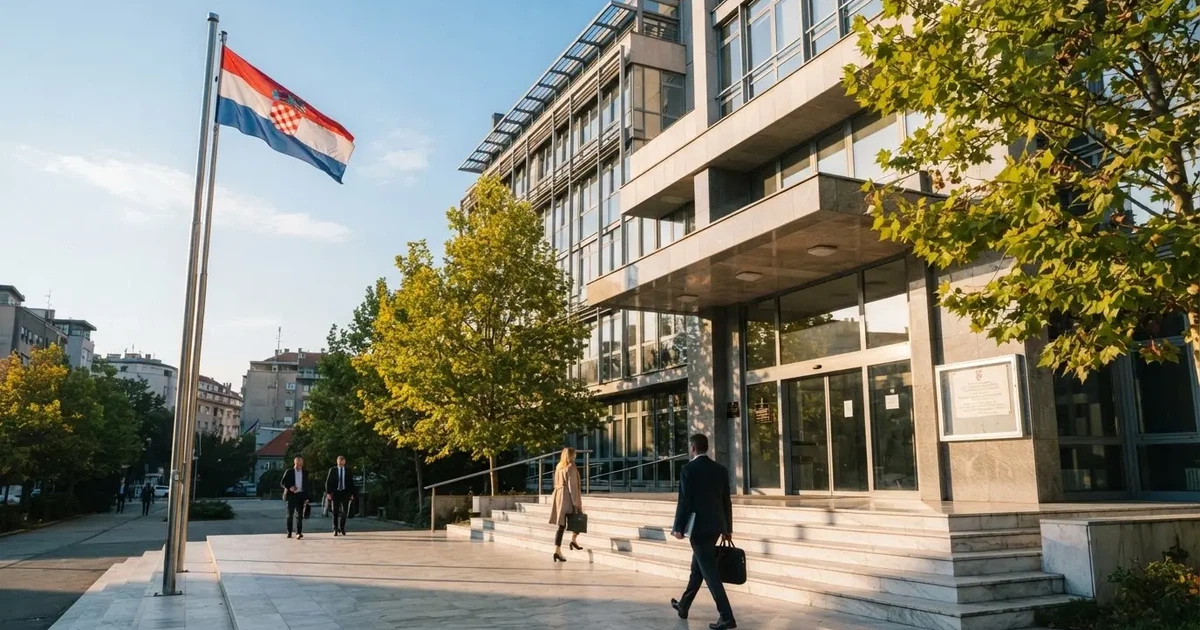 Moderna uredska zgrada državne uprave u Zagrebu sa zastavom Republike Hrvatske, snimljena u vedro jutro.
