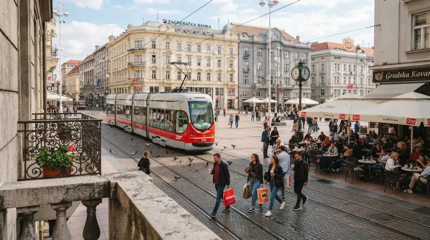 Pogled na zagrebački trg s tramvajem i šetačima u sunčano poslijepodne.