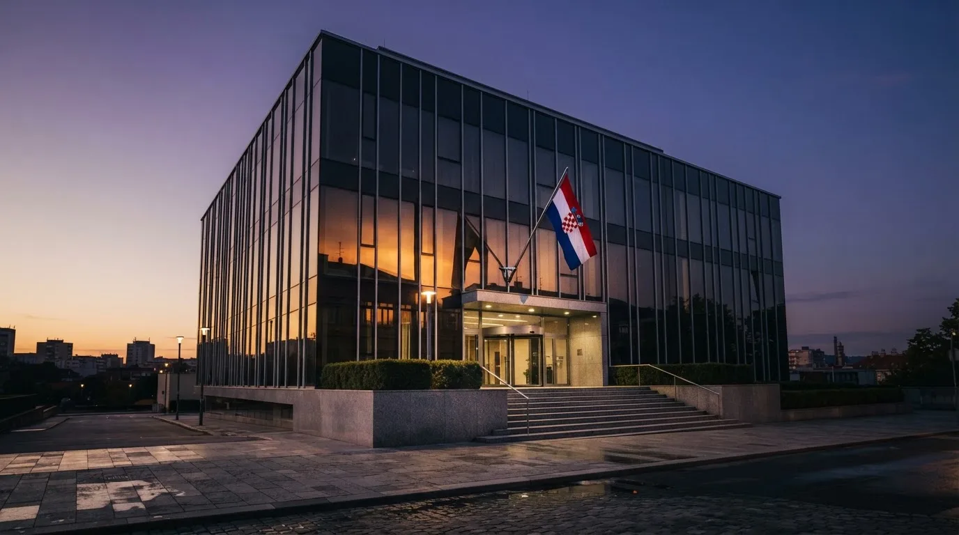 Fasada moderne državne zgrade u Zagrebu s ravnim staklenim pročeljem i hrvatskom zastavom, snimljena u sumrak.