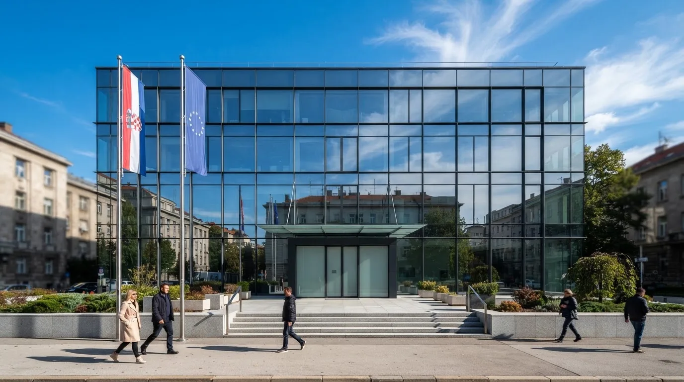 Staklena zgrada uprave s hrvatskom i europskom zastavom, snimljena pod vedrim plavim nebom.