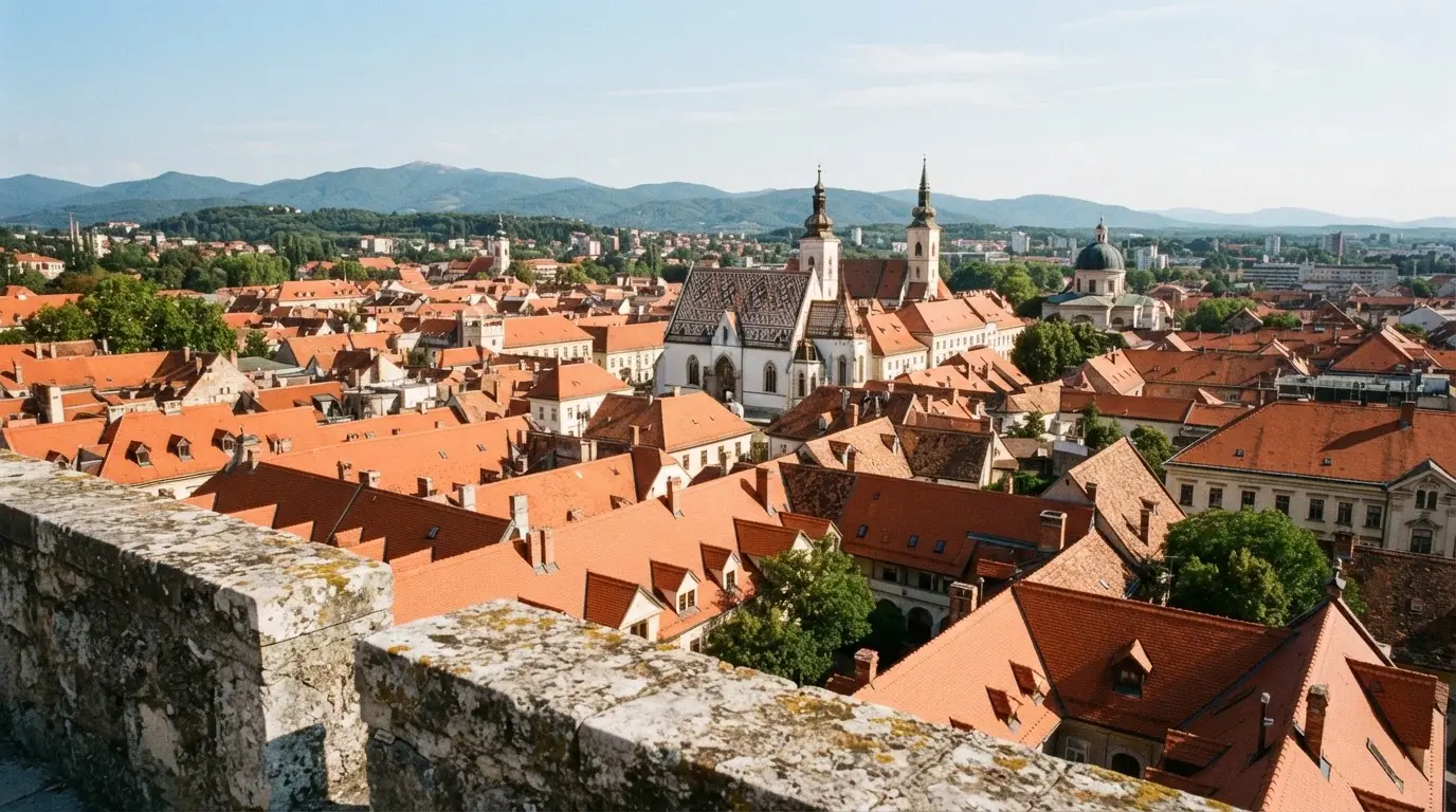 Pogled na zagrebački Gornji grad s crvenim krovovima, snimljen u sunčano poslijepodne.