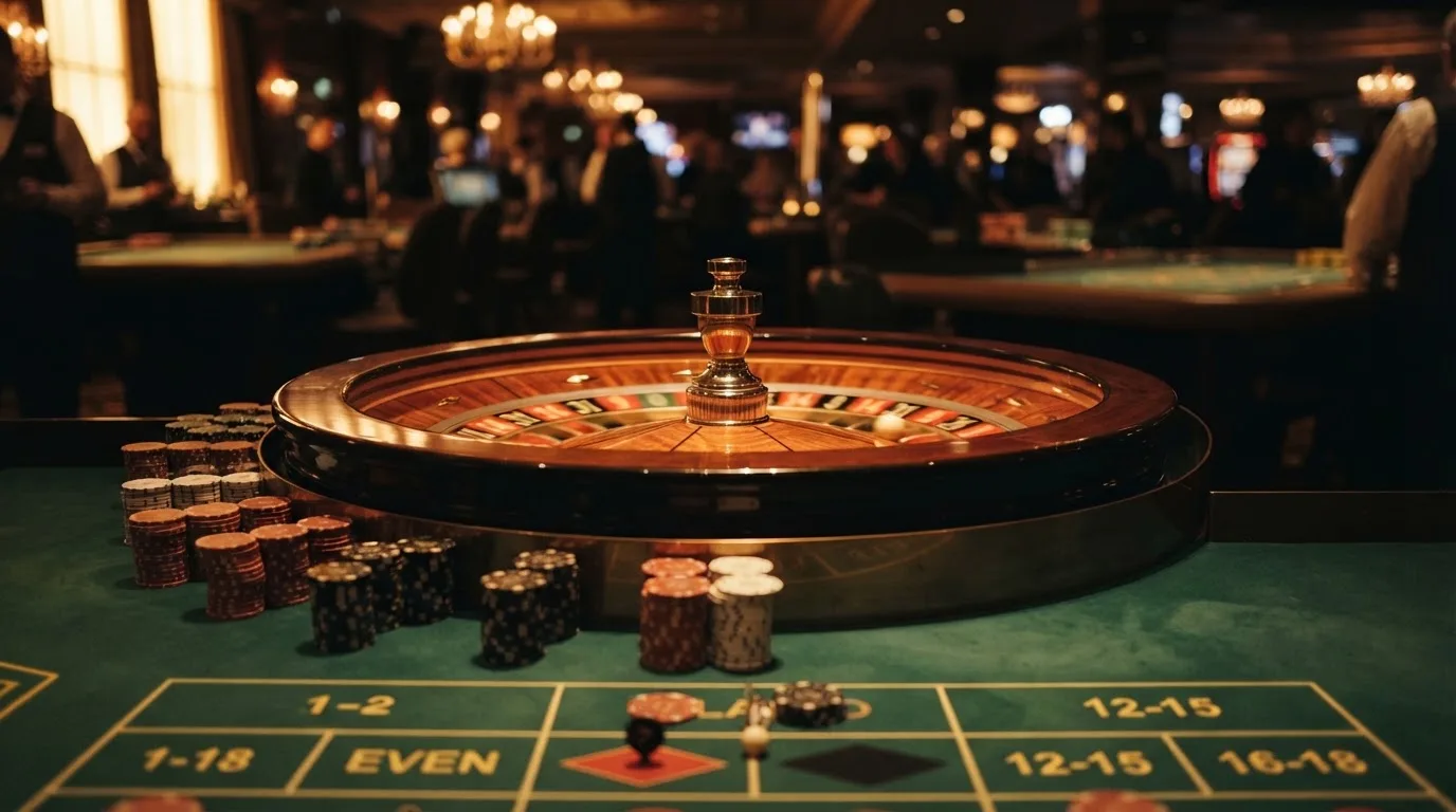 Kotač ruleta i žetoni na zelenom suknu pod toplim večernjim svjetlom — novi casina u hrvatskoj