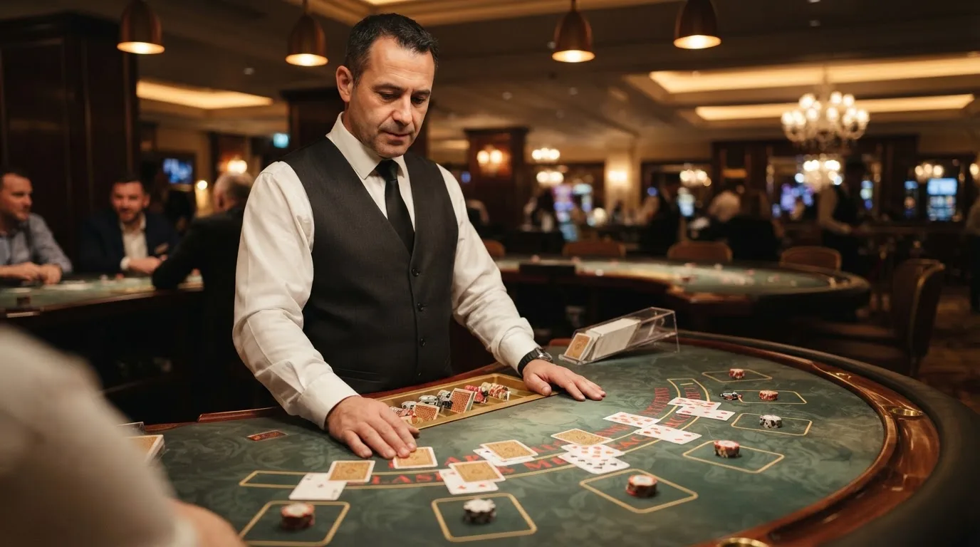 Djelitelj u prsluku dijeli karte licem prema dolje za polukružnim stolom u elegantnom casinu, prigušeno svjetlo.