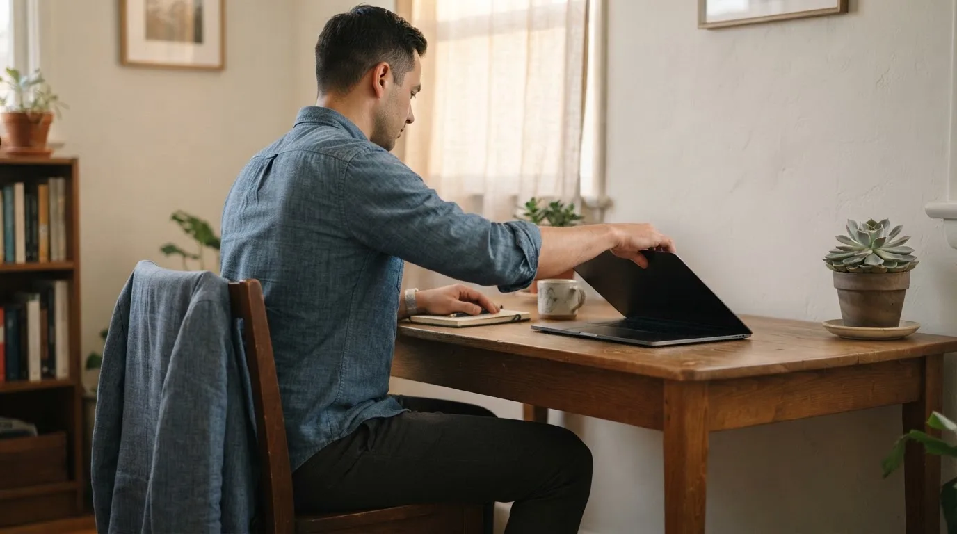 Muškarac u radnoj odjeći zatvara laptop na kraju radnog dana i uzima jaknu, soba je mirna.