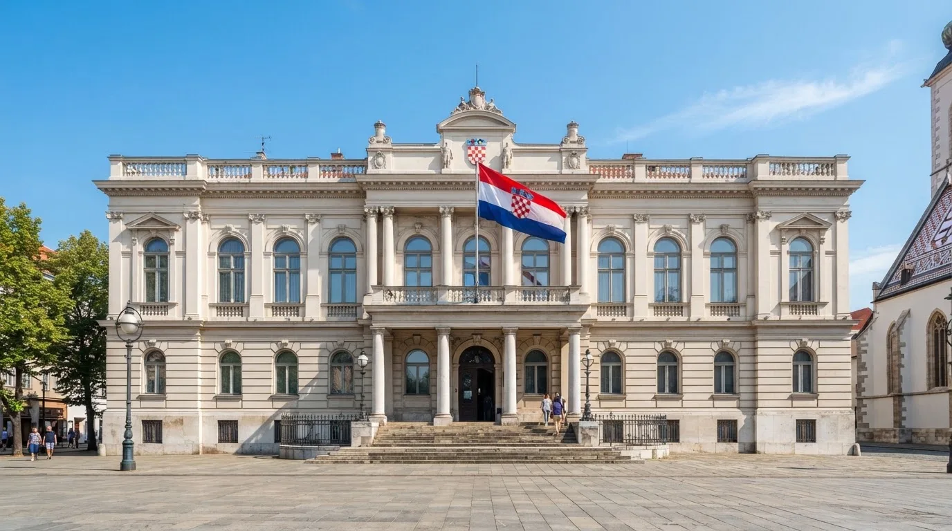 Svijetla državna zgrada u središtu Zagreba s hrvatskom zastavom na pročelju, snimljena danju pod vedrim nebom.