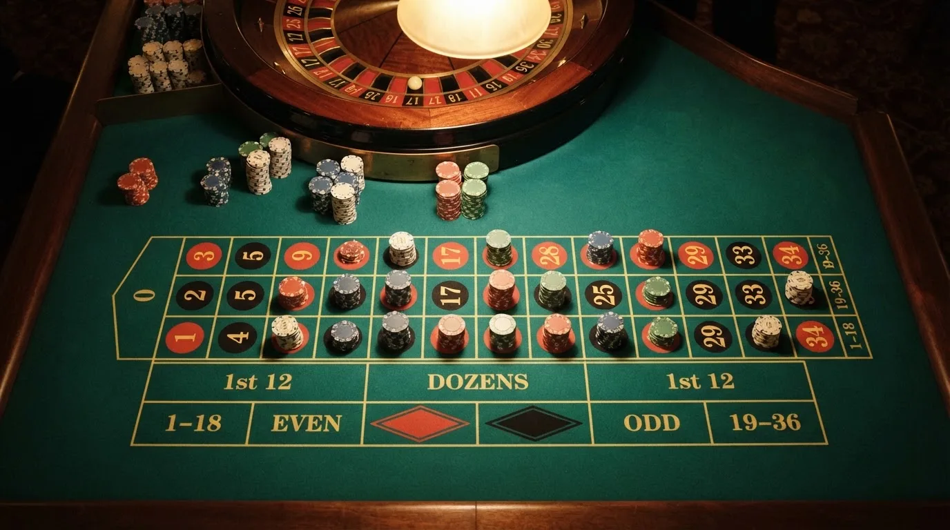 Pogled odozgo na zeleno sukno ruleta sa žetonima različitih boja složenim u male stupce, pod toplim svjetlom.
