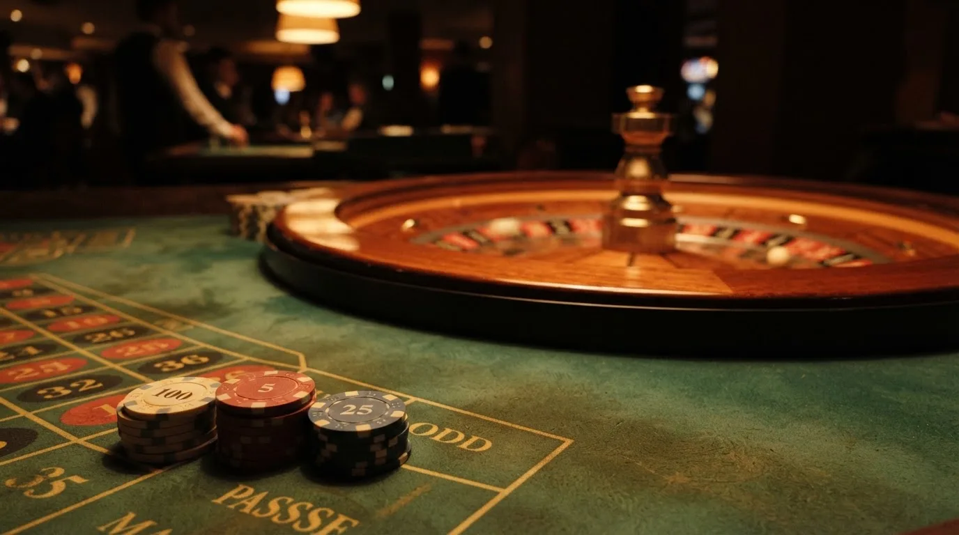 Kotač ruleta i žetoni na zelenom suknu pod toplim večernjim svjetlom — pravila blackjacka u hrvatskoj
