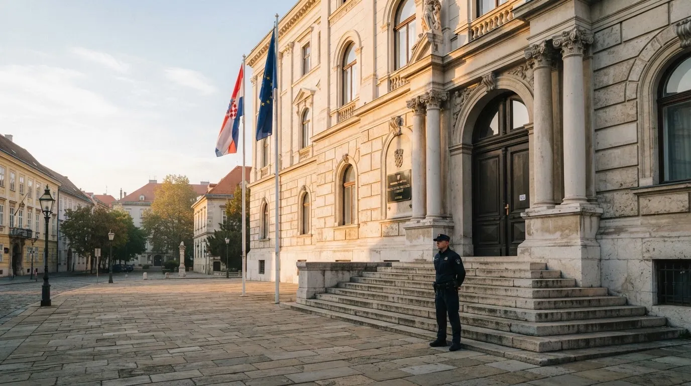 Ulaz u zgradu ministarstva u Zagrebu s kamenim stubama i zastavama, snimljen u jutarnjem svjetlu.