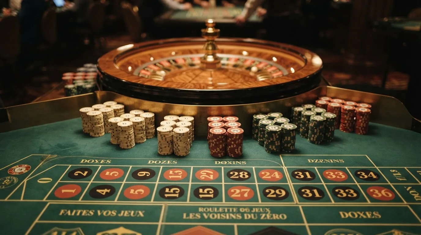 Žetoni naslagani u stupce uz rub zelenog stola, u pozadini zamućen kotač ruleta.