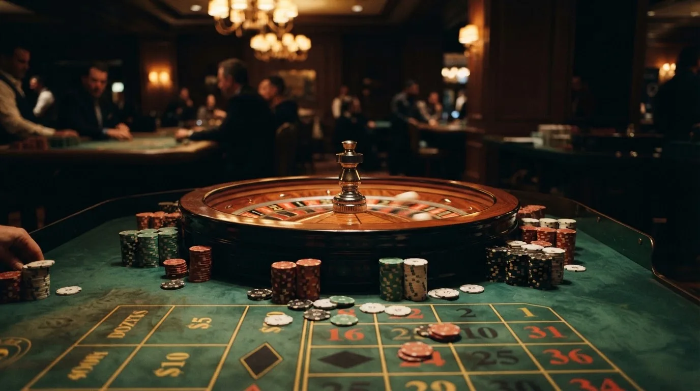 Kotač ruleta i žetoni na zelenom suknu pod toplim večernjim svjetlom — rulet casina u hrvatskoj