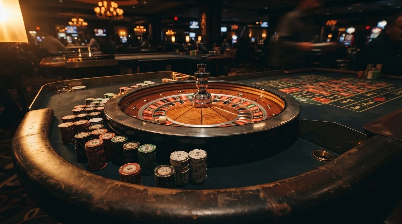 Kotač ruleta i žetoni na zelenom suknu pod toplim večernjim svjetlom — rulet igre u hrvatskoj
