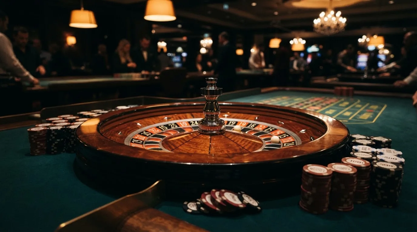 Kotač ruleta i žetoni na zelenom suknu pod toplim večernjim svjetlom — slotovi za igranje u hrvatskoj