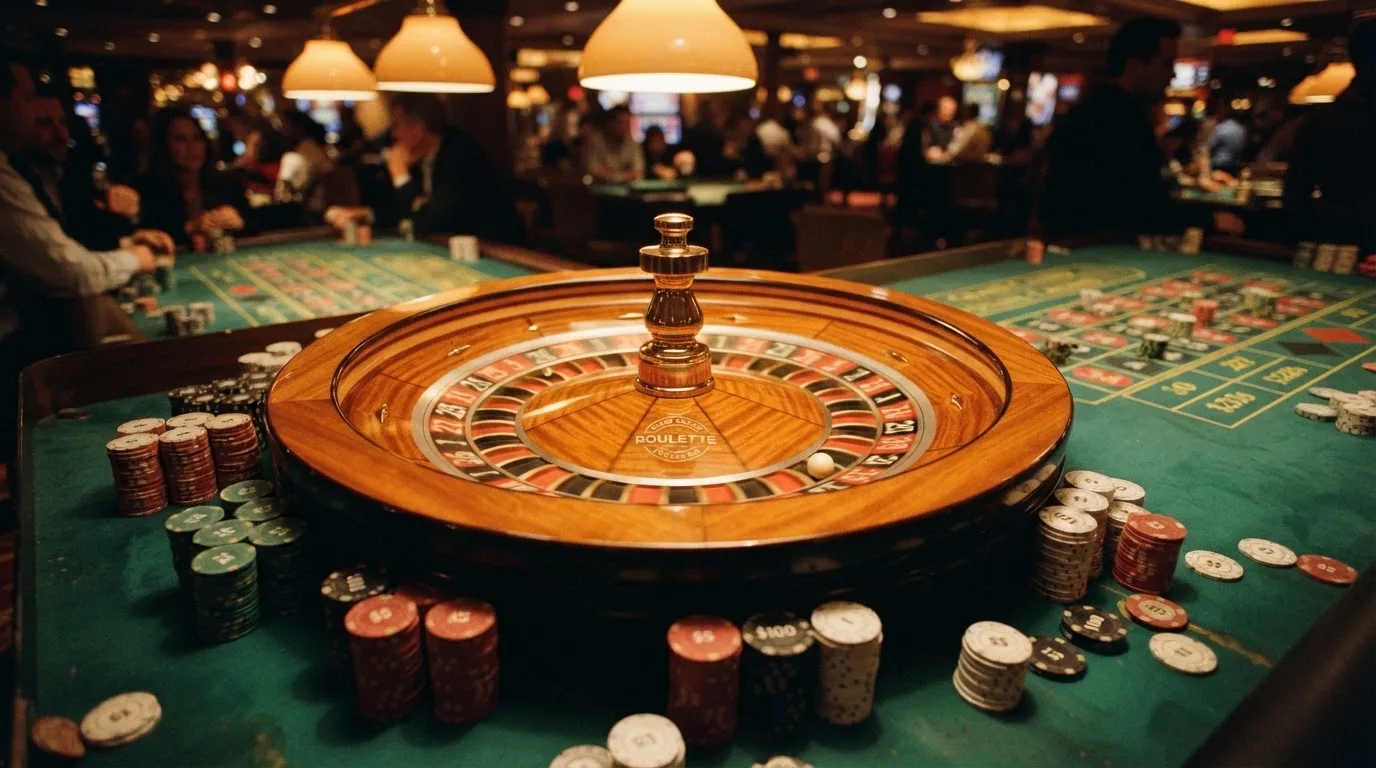 Kotač ruleta i žetoni na zelenom suknu pod toplim večernjim svjetlom — sms uplata u hrvatskom casinu