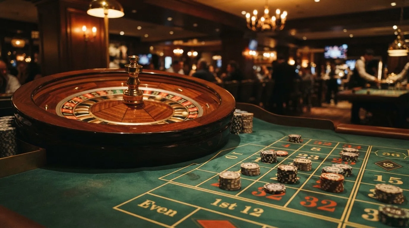 Kotač ruleta i žetoni na zelenom suknu pod toplim večernjim svjetlom — tether casino u hrvatskoj