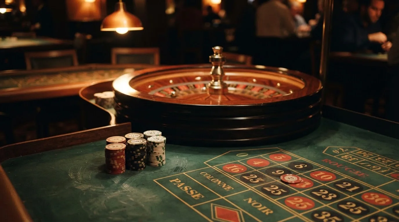 Kotač ruleta i žetoni na zelenom suknu pod toplim večernjim svjetlom — top casino u hrvatskoj