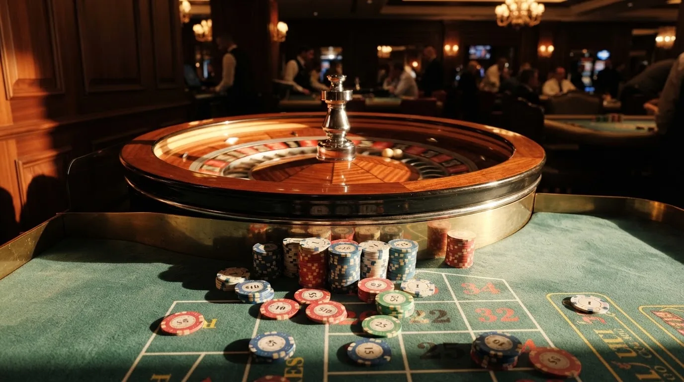 Kotač ruleta i žetoni na zelenom suknu pod toplim večernjim svjetlom — tron casino u hrvatskoj