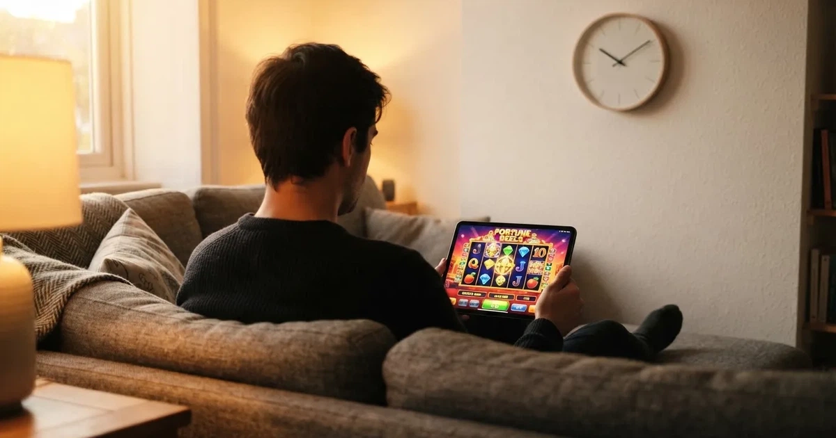 Osoba na kauču zamišljeno gleda tablet, a iza nje je sat na zidu — vrtnje u hrvatskim casino