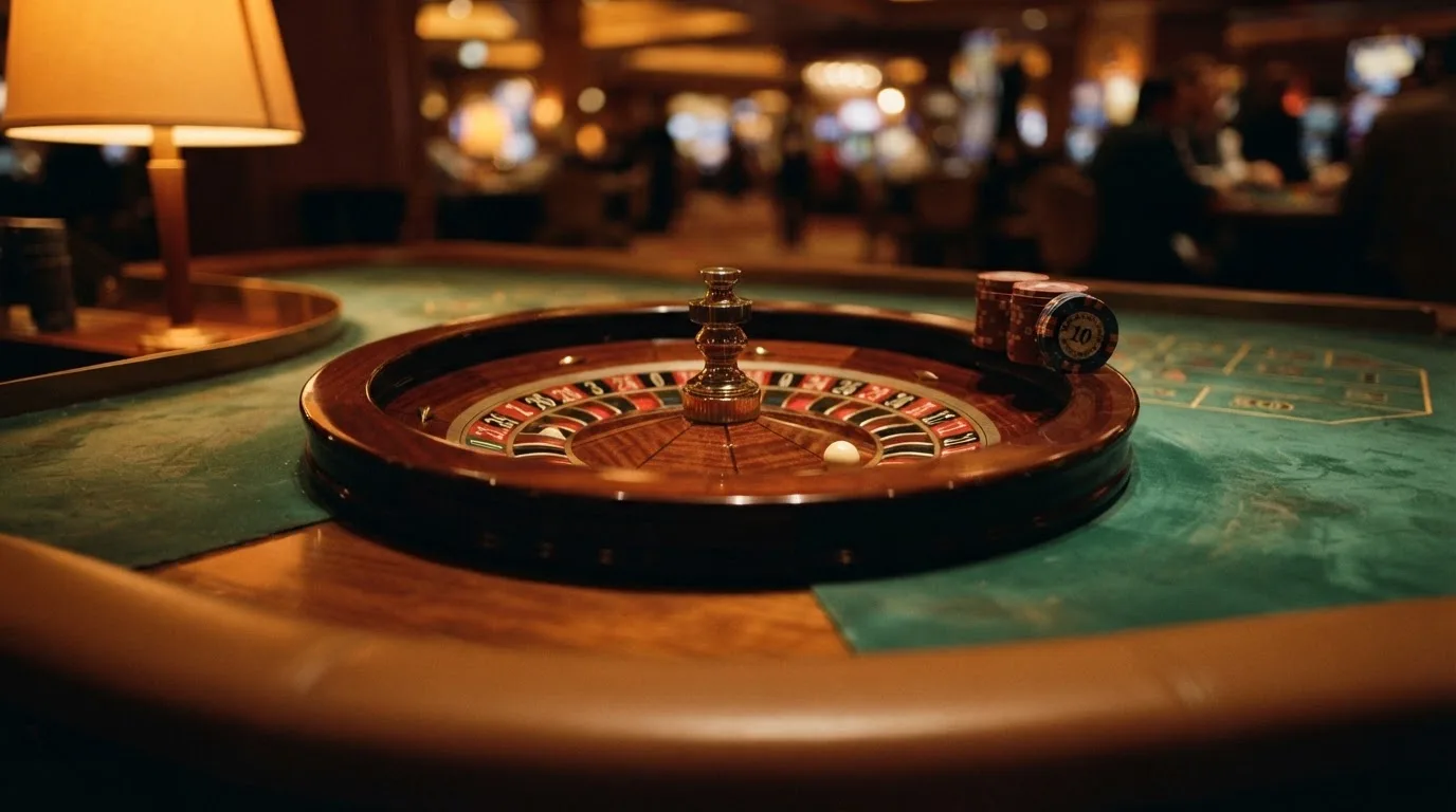 Kotač ruleta i žetoni na zelenom suknu pod toplim večernjim svjetlom — vrtnje u hrvatskim casino